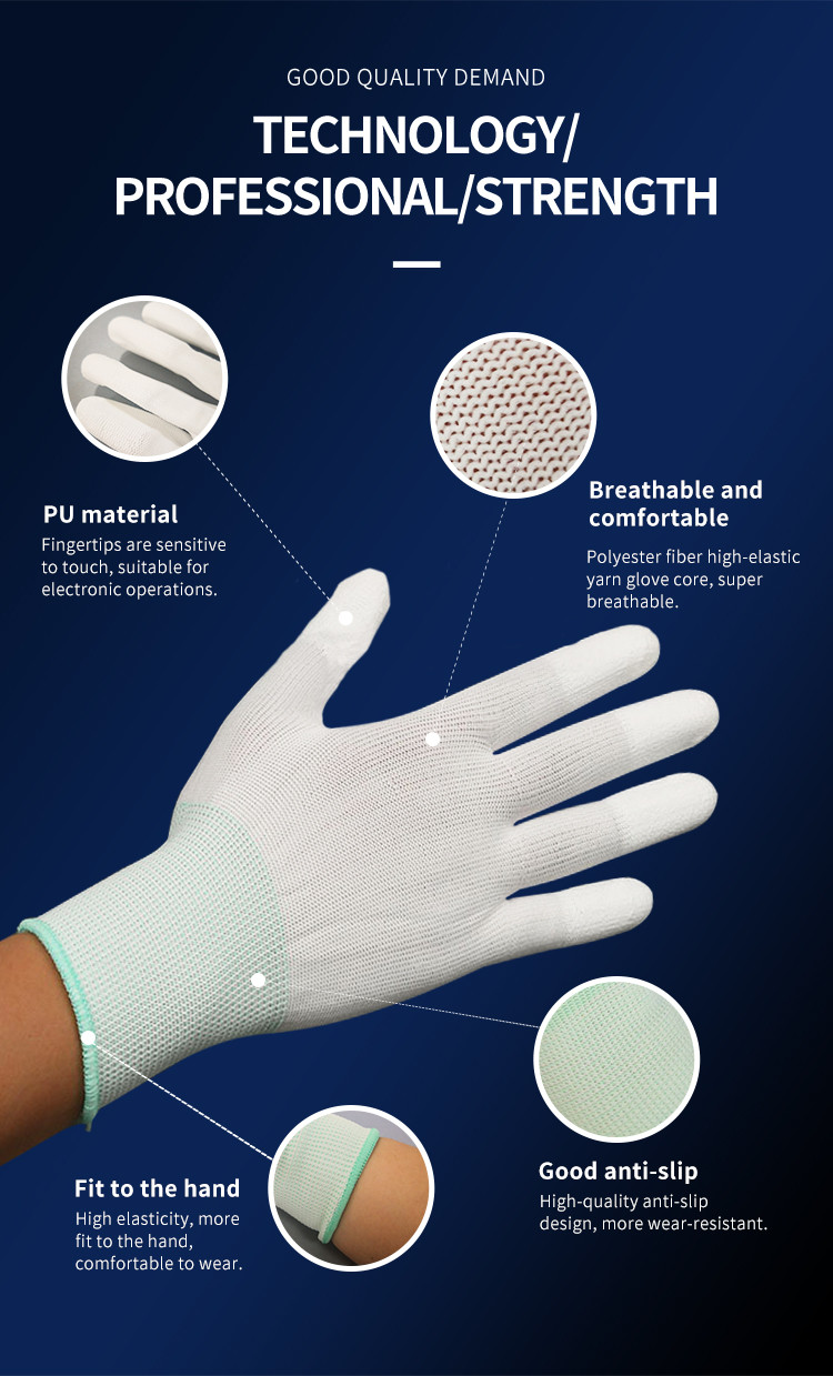 High Density White Polyester Cleanroom Gloves Carbon Fiber ESD Gloves Industrial Good Quality