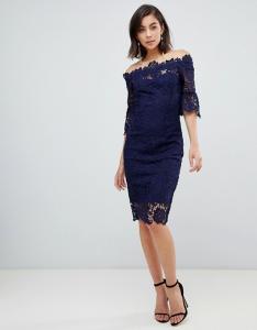 China custom make off shoulder frill sleeve navy crochet dress wholesale