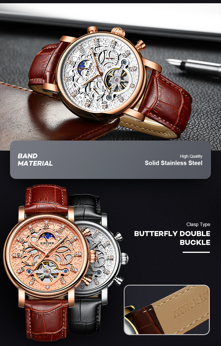 Brand KINYUED watch diamond decoration dial skeleton mens leather automatic mechanical watch