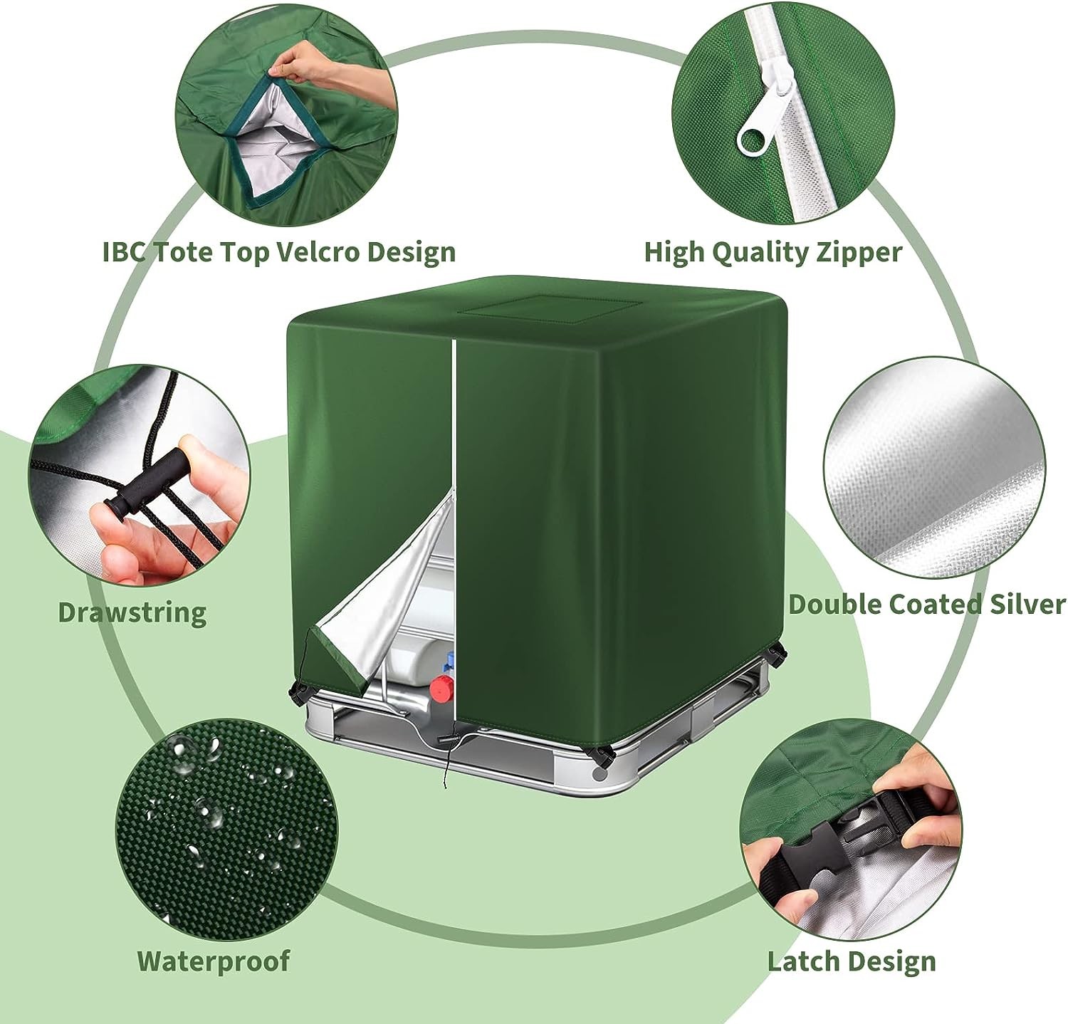 IBC Tote Cover for 1000L Outdoor 275 Gallon Rain Barrel UV Resistant Waterproof Outdoor IBC Covers - Grey GREEN