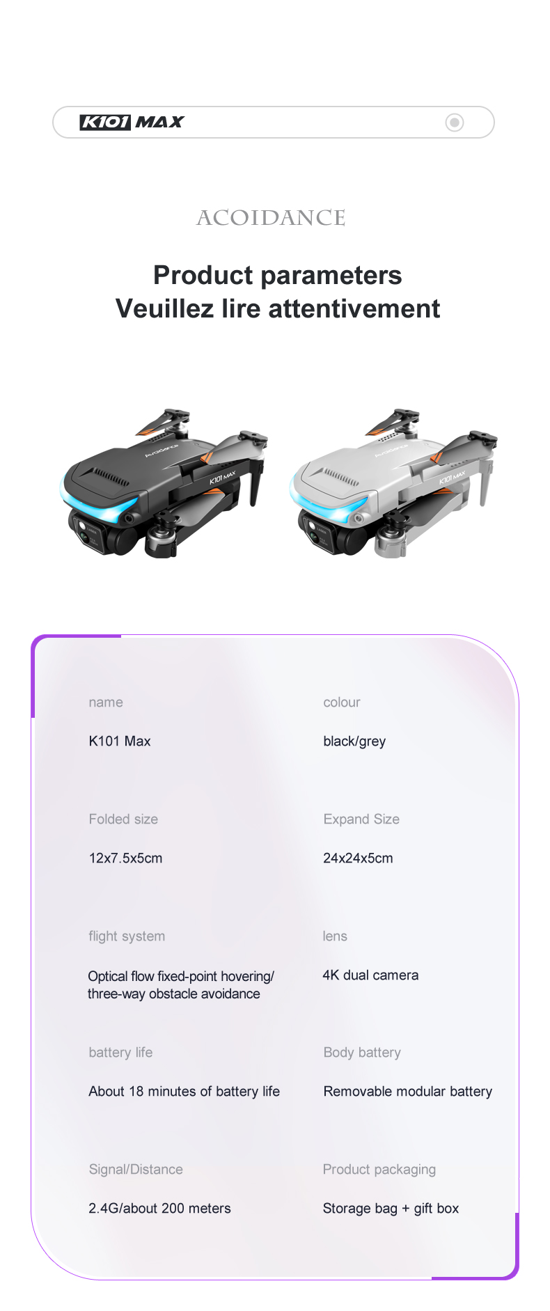 Long Distance Gps Drone Wifi Obstacle Avoidance Drone Toys For Kids Charging time 1 hour K101 Max Drone With Camera 4k