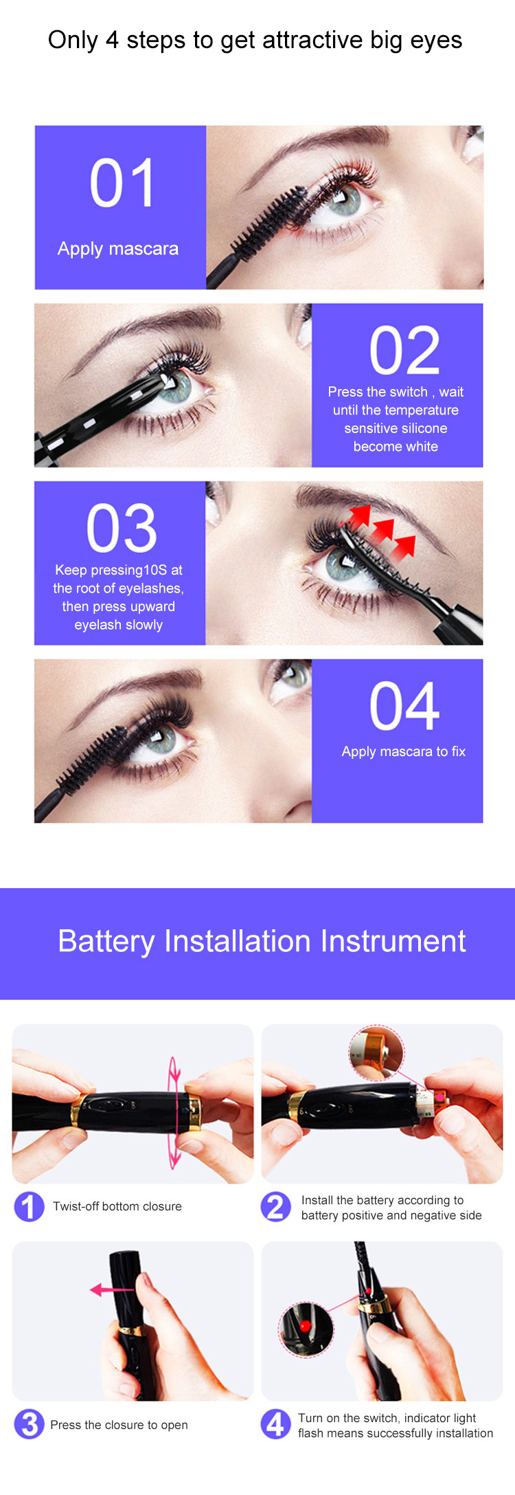 AAA Battery Operated ABS Shell Silicone Conducting Heated Eyelash Curler