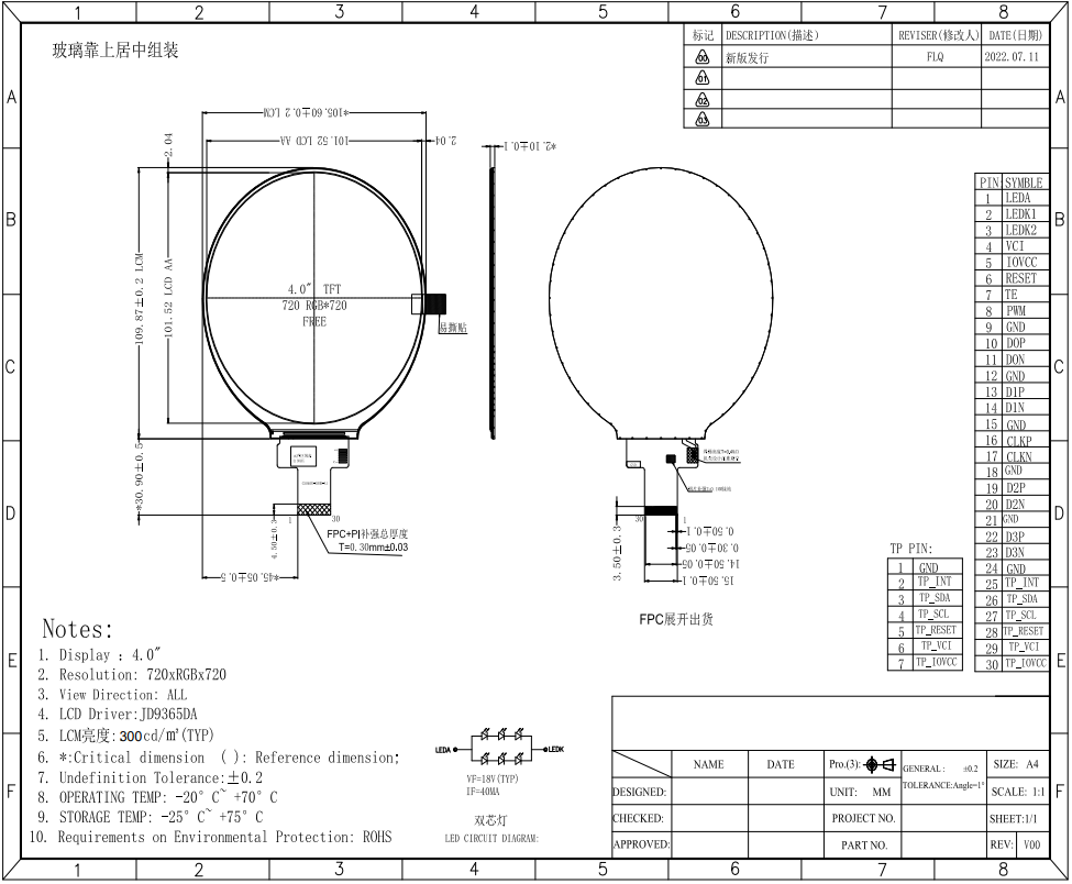 4 Inch Circular TFT Display Module 720x720 Dots IPS TFT With 40 Pins FPC