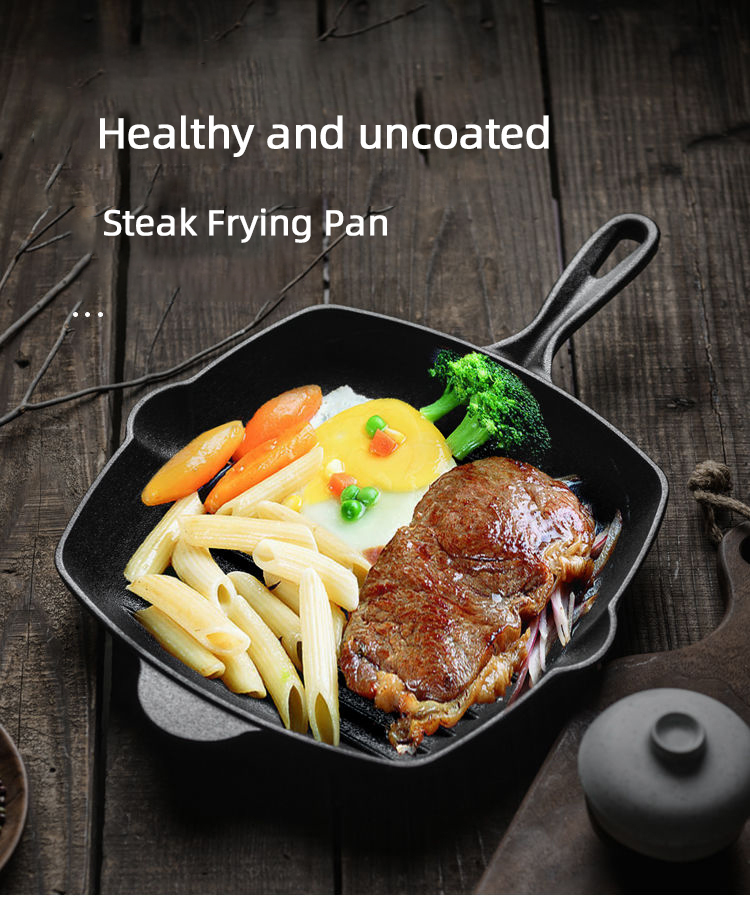Kitchen Cooking Grill Steak Non Stick Cast Iron With Wooden Handle