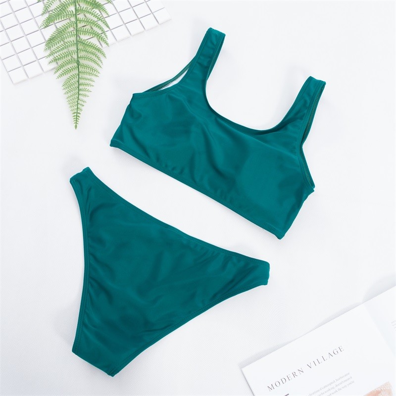 Solid color Scoop Neck Sport Top With High Waist Bikini