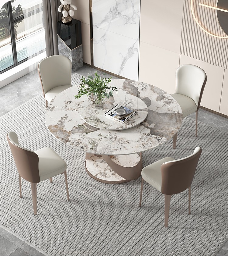 Turntable Marble Round Dining Table For 4 Light Luxury
