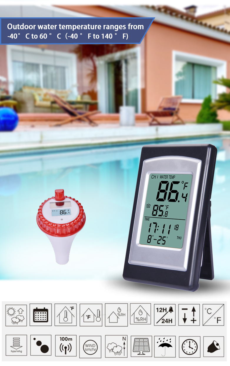 Temperature Accuracy Wireless Solar Digital Pool Thermometer In Red And Silver