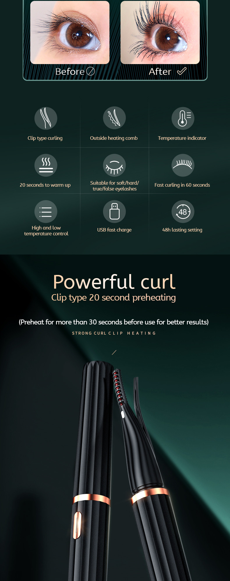 80 Degrees Electric Heated Eyelash Curler 5V 1A Home Use