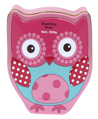 Gummy Owl Tin Container With Embossment , Food Grade Metal Box ,Looks Awesome and Vivid ,Spot Color Printing and Vanish