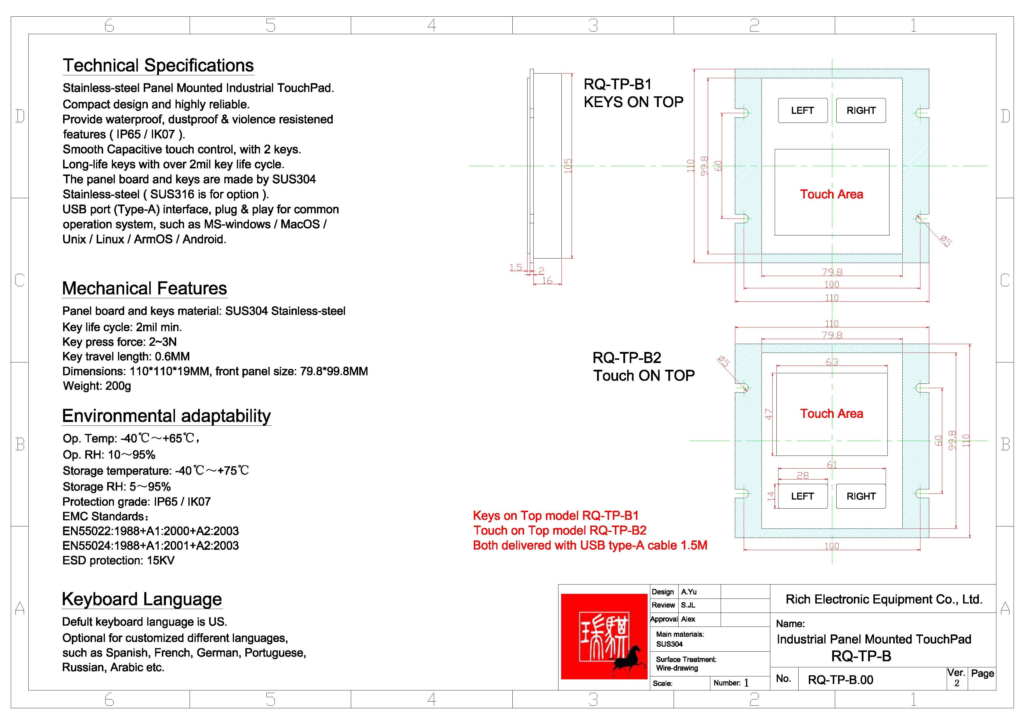 IP65/IK07 Waterproof/Dustproof Industrial Stainless steel TouchPad Rear Panel Mouned USB interface