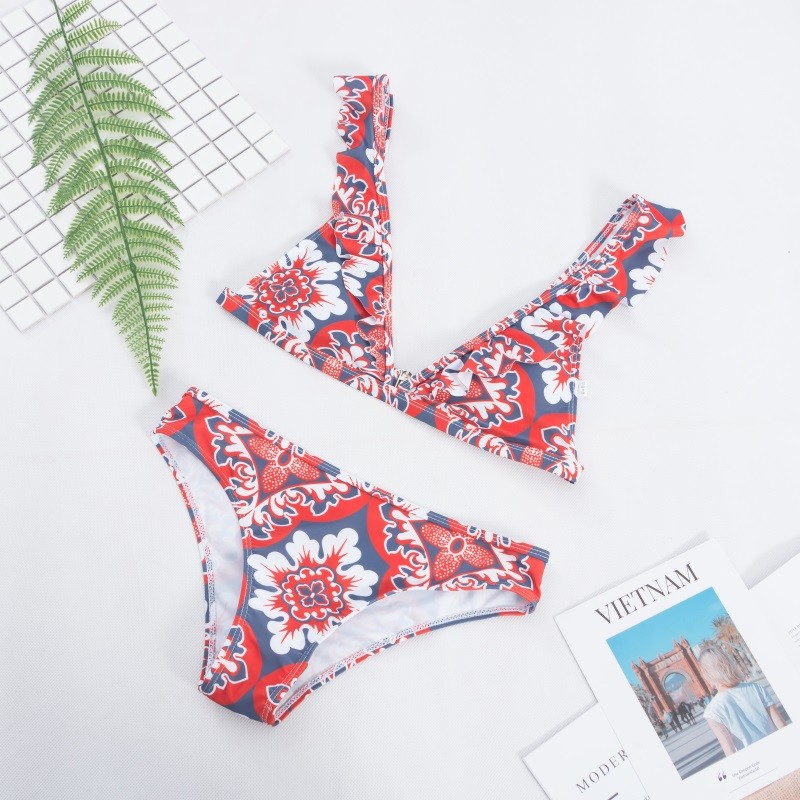 Ruched Trim Deep V Neckline Top With Low Waist Women bathing Suit