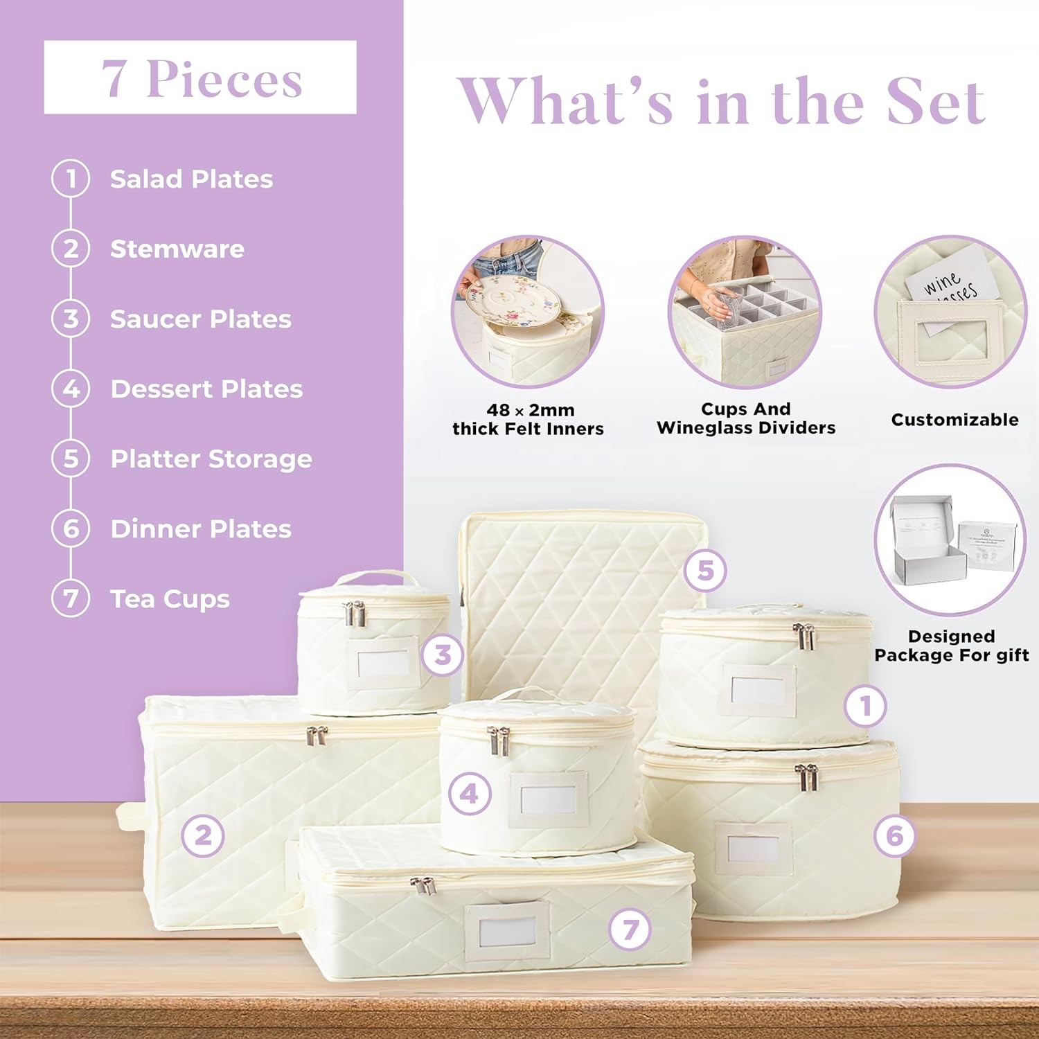 CHINA STORAGE CONTAINERS QUILTED. 7PC DISHES STORAGE KIT WITH 48 CUT-TO-SIZE FELT INNERS. FINE CHINA STORAGE, PLATE