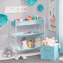 blue polka dot bin and  3-Tier Metal and Fabric Hammock Storage, nursery setting, books, toys, decor