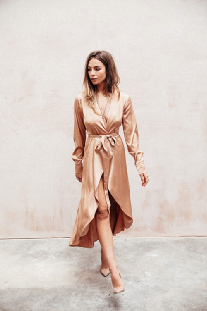Fall Women Clothing Sexy Deep V Neck Satin Wrap Dress