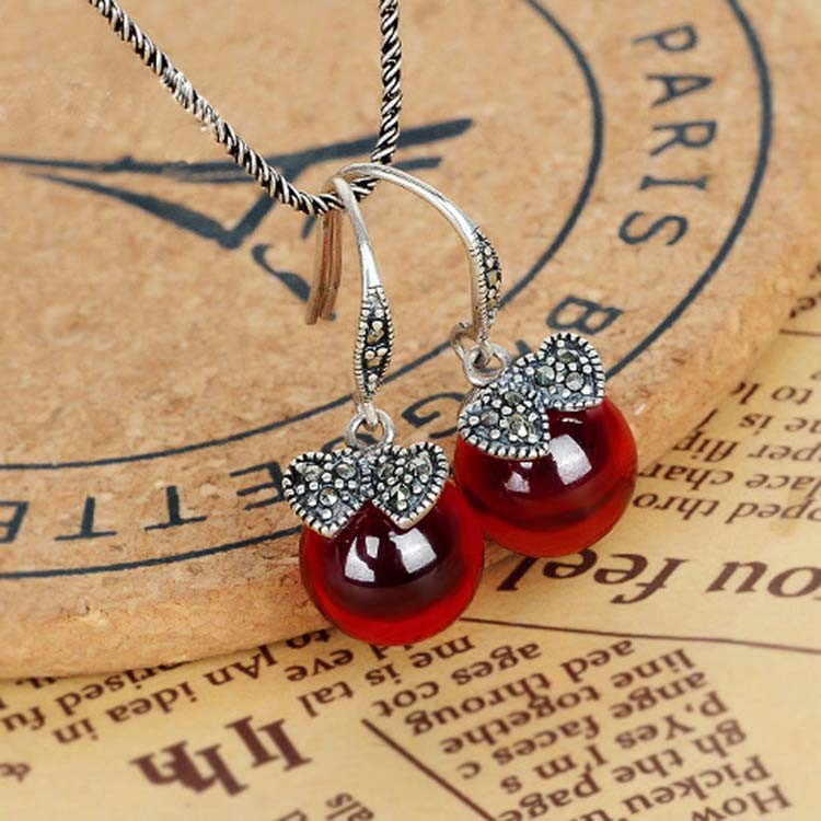 Sterling Silver Red Cubic Zirconia with Marcasite Dangle Hoop Earrings(E12032RED)