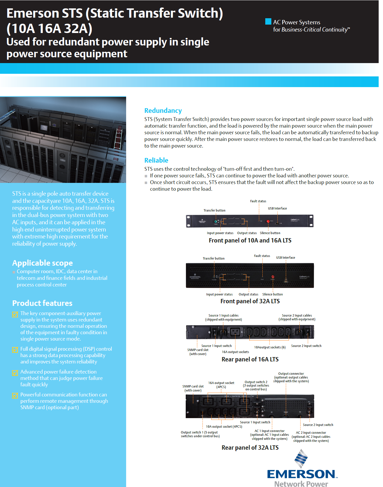 IP11 VERTIV Load Switching Switch 10A 16A 32A UPS Static Transfer Switch STS For Data Center UF-LTS10-1P