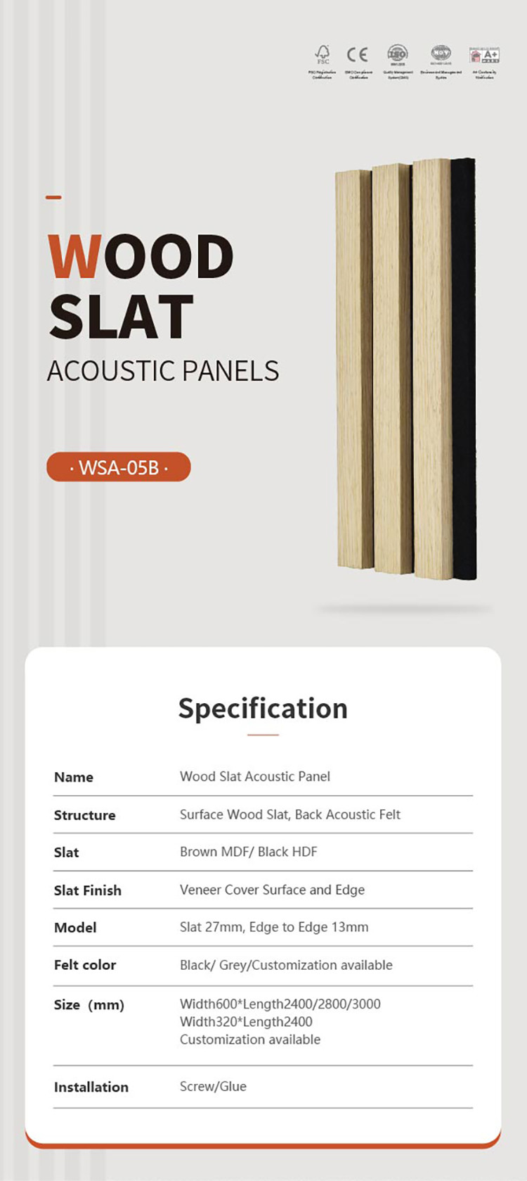 Veneer Banding Acoustic Wood Slat Panels 2400mm Wood Slat Wall Tiles Customized