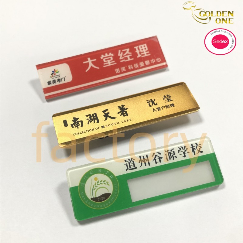 wholesale gold plated labels engrave concave custom embossed brand name logo tags metal name tag with magnet