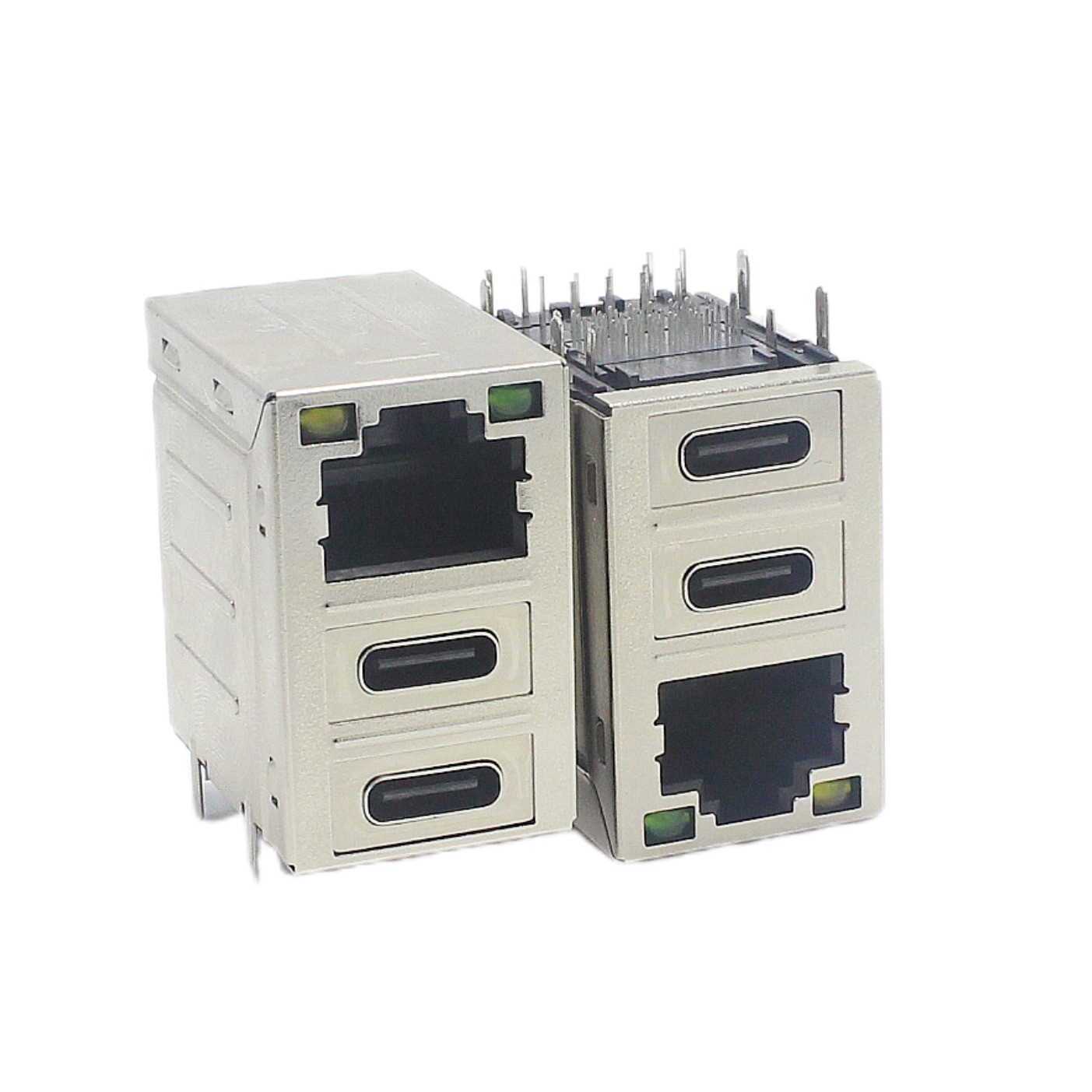 STD Dual Type C Female Stacked USB Connectors Combo Micro USB PCB Mount RJ45 W/ Leds