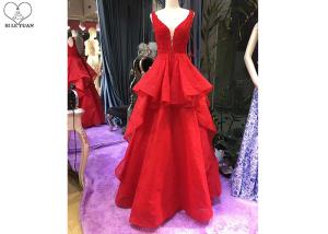 China Red A Line Ball Gown Puffy Purffles V Neck Backless Lace Beaded Cotton Linen wholesale