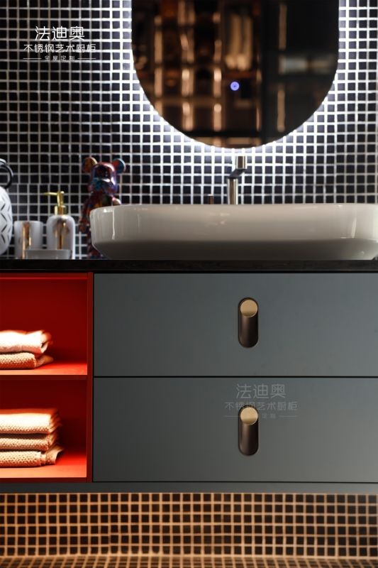 Matte Finish Stainless Steel Bathroom Sink Vanity Cabinet With Blue Gray And Red Accents