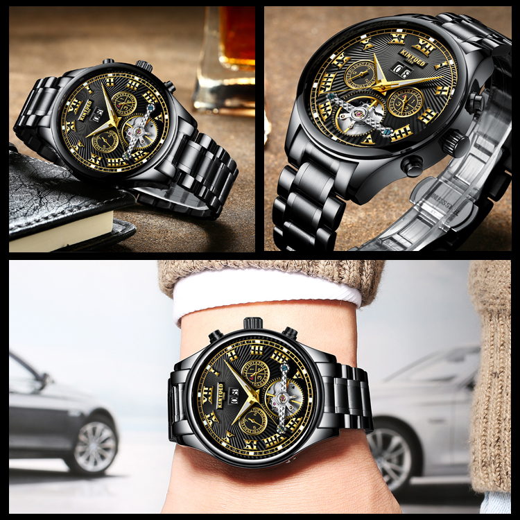 KINYUED tourbillion watch mechanical water resistant watch mens watches automatic skeleton mechanical watch