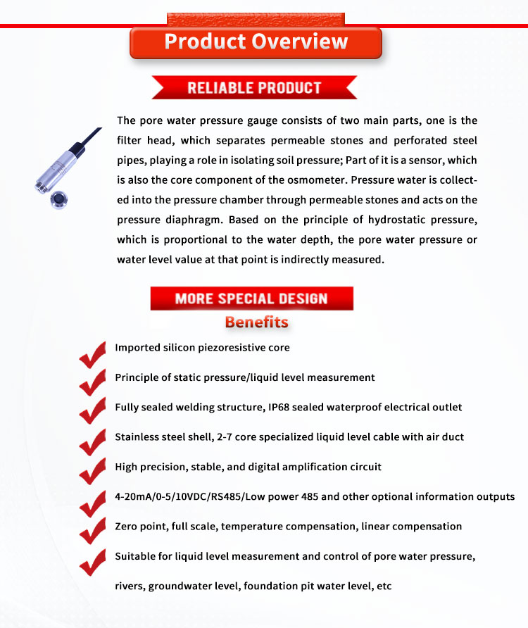 UBPT500-601T Customized Level Gauge Pore Water Pressure Sensor 0.5-100m 0-1000KPa