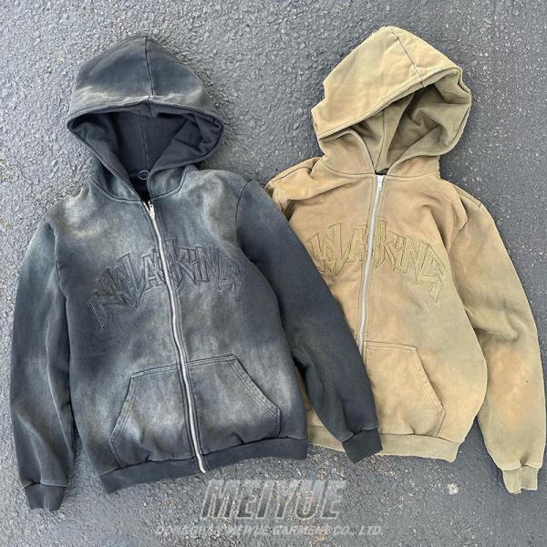 OEM Vintage Oversized Zip Up Hoodie Applique Embroidery Hoodie Silk Screen