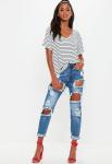 White and Navy Striped V Neck Boyfriend Clothing T Shirt Women
