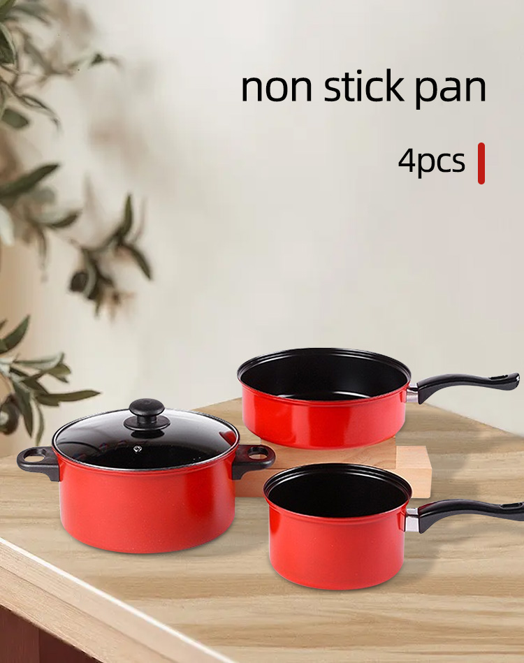 Multifunction Red 4 Pcs Kitchen Cast Iron Cookware Set Non Stick With Bakelite Handle