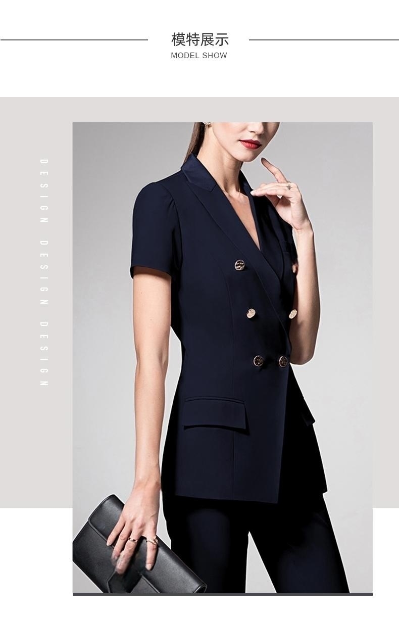 Dark Navy Slim Fit Blazer for Ladies Office Short Sleeve Women's Suits Collar V-neck