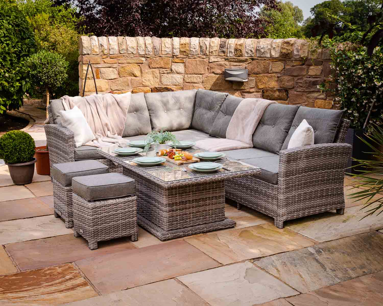 PE Rattan AJUNION Outdoor Sectional Corner Sofa Patio Set with Adjustable Dining Table