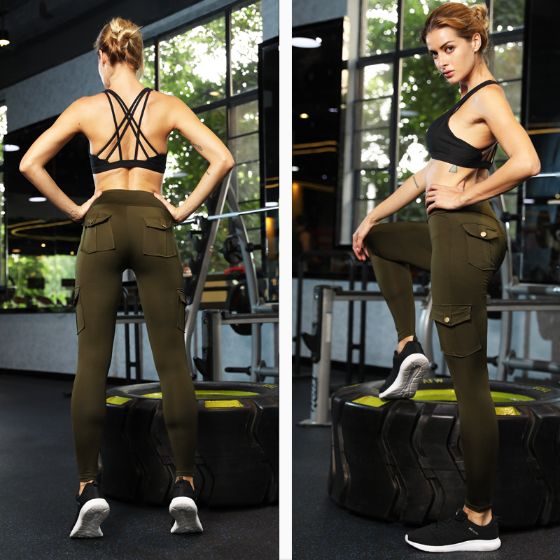 Solid Color SGS Sweat Wicking Army Green Leggings With Pockets Squat Proof Womens Running Tights