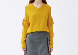China Bright Yellow Lace Up Womens Knit Pullover Sweater Off Shoulder Top wholesale