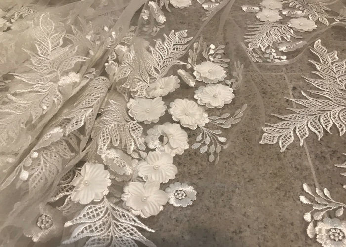 Off White Mesh 3D Flower Embroidery Beaded Lace Fabric 50" Wide 1 Yard