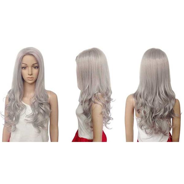 Sliver White Color Long Synthetic Fiber Wigs Natural Curly Without Bangs