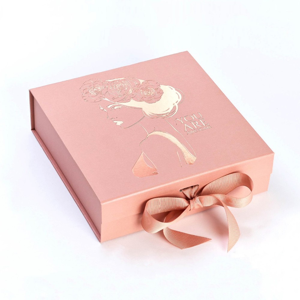 Customized Logo Folding Gift Box With Ribbon Closure Degradable Card Paper Material