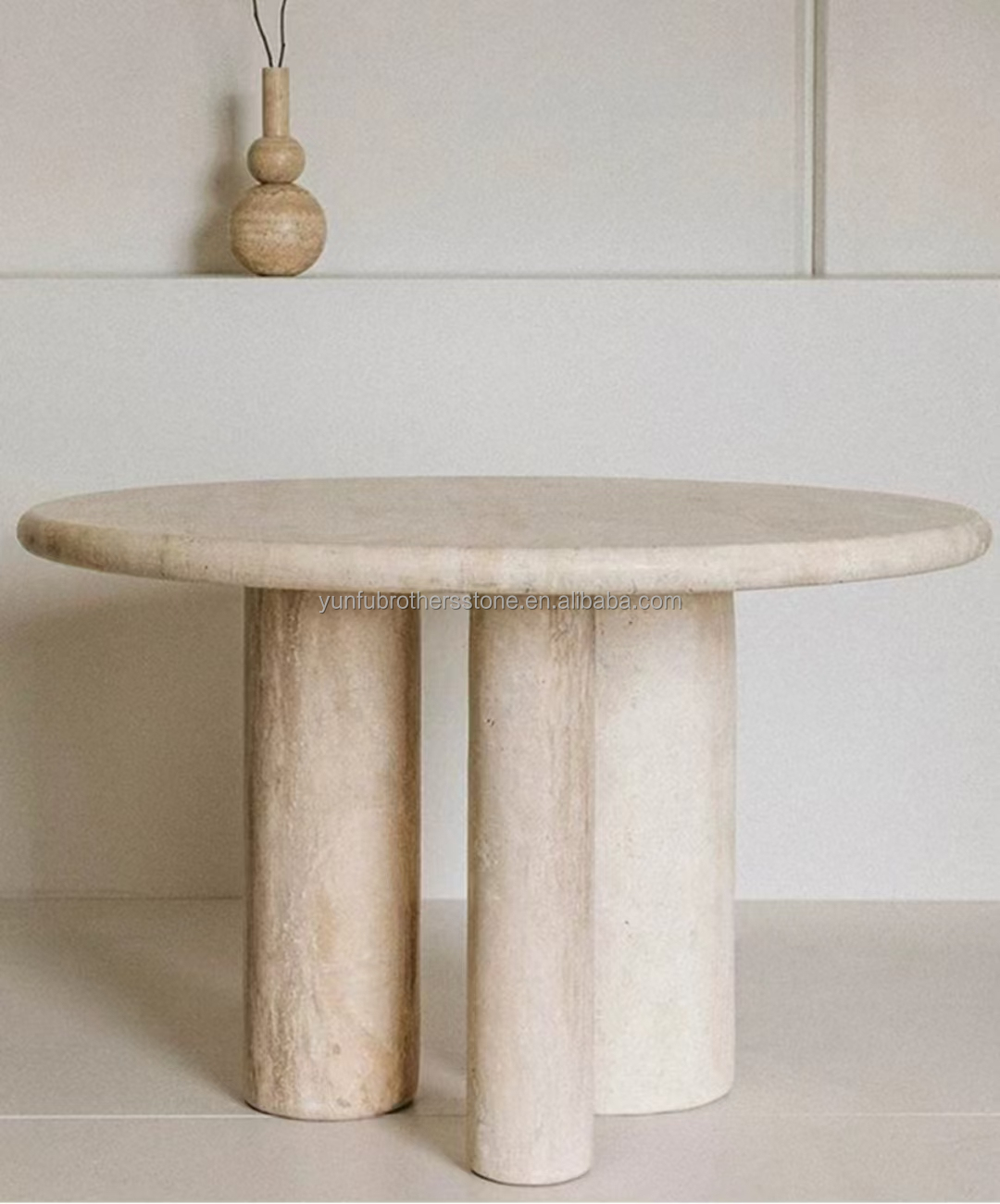 Polished Beige Round Travertine Dining Table Modern Stone Furniture for Living Room