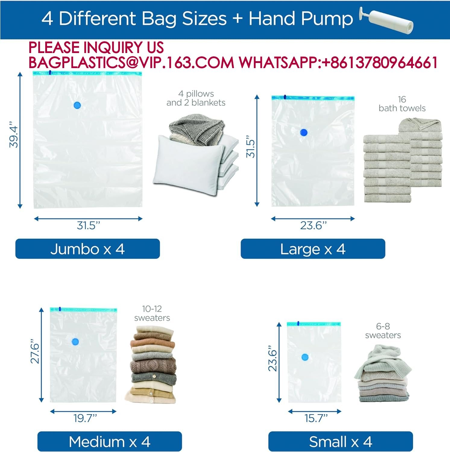 Space Saving Clothes Vac Pack Vacuum Storage Bags Variety Pack with Hand Pump Included