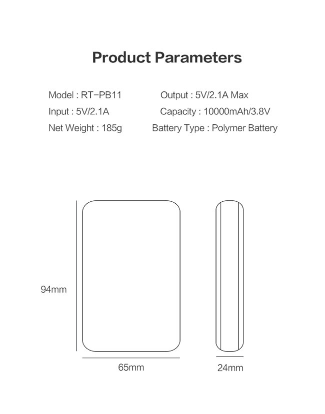 Dual Output Polymer Battery 10000mAh 185g Phone Power Bank