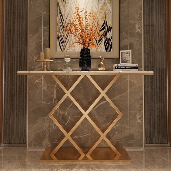 White Rectangular Stylish Tea Table Luxury Arrow Console In Gold 150X45X80