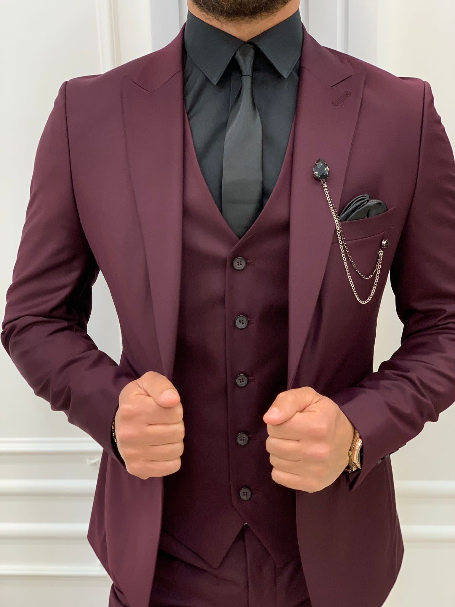 Burgundy Slim Fit Tuxedo Three Piece Suit 65% Polyester 32% Viscone 3% Lycra