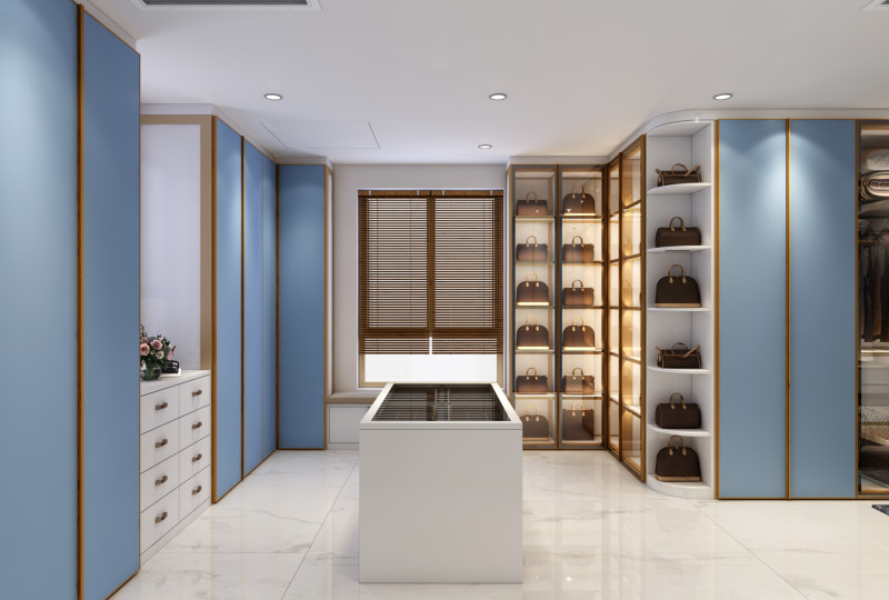 Blue Walk In Closet With Integrated Central Island Seamless Functionality