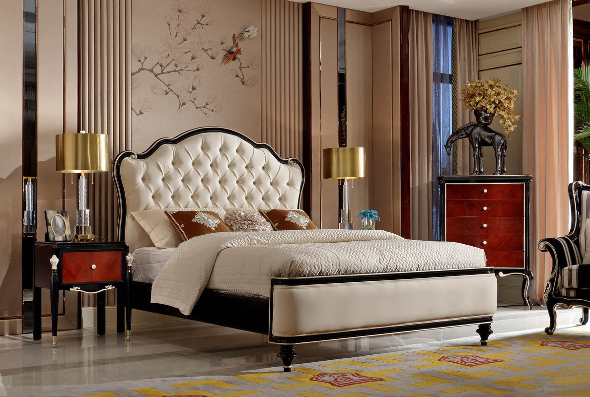 Luxury furniture sets French Neoclassical Black Bright Solid Wood Furniture Leather Soft Packed Double Bed