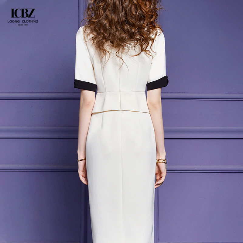 Women's Long Vintage Black and White Two-Piece Skirt Pant Coat Suit for Formal Office