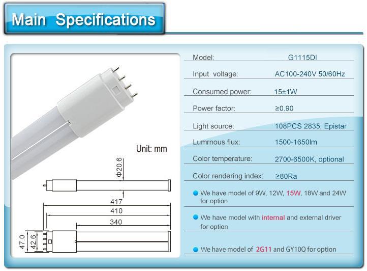2G11 led tube light 12W 2G11 PLL lamp 2G11 led lamp 410mm wirh smd 2835 led AC85-265V 3 years warranty