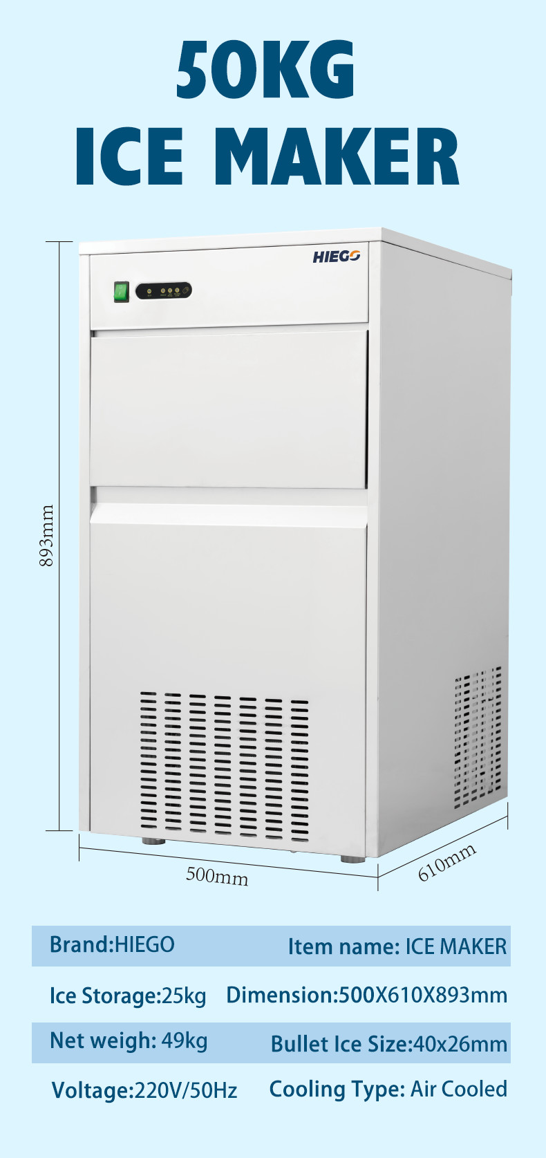 50kg Kitchen Ice Machine Commercial Portable Pellet Ice Machine R134a