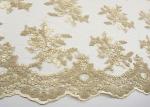Golden Corded Floral Embroidered Tulle Fabric Scalloped Edge For Wedding Dresses