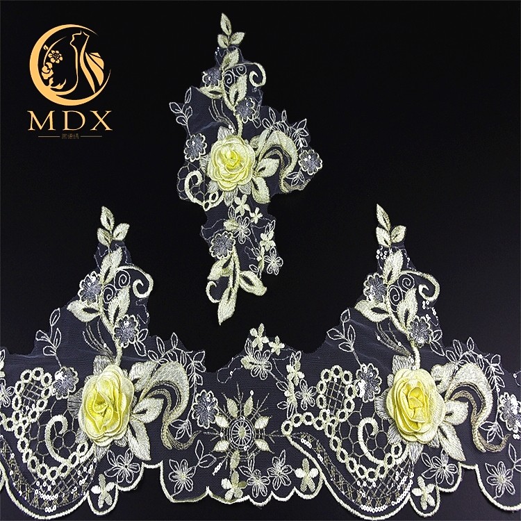 Decorative Polyester 3D Flower Lace Trim 25cm Width Handmade knitted Lace Edging