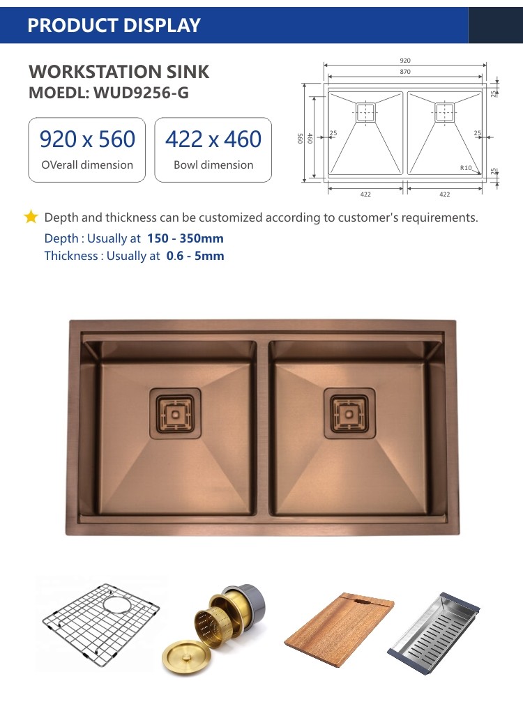 Undermount Stainless Steel Work Station Sink , Copper 36 Double Bowl Farmhouse Sink